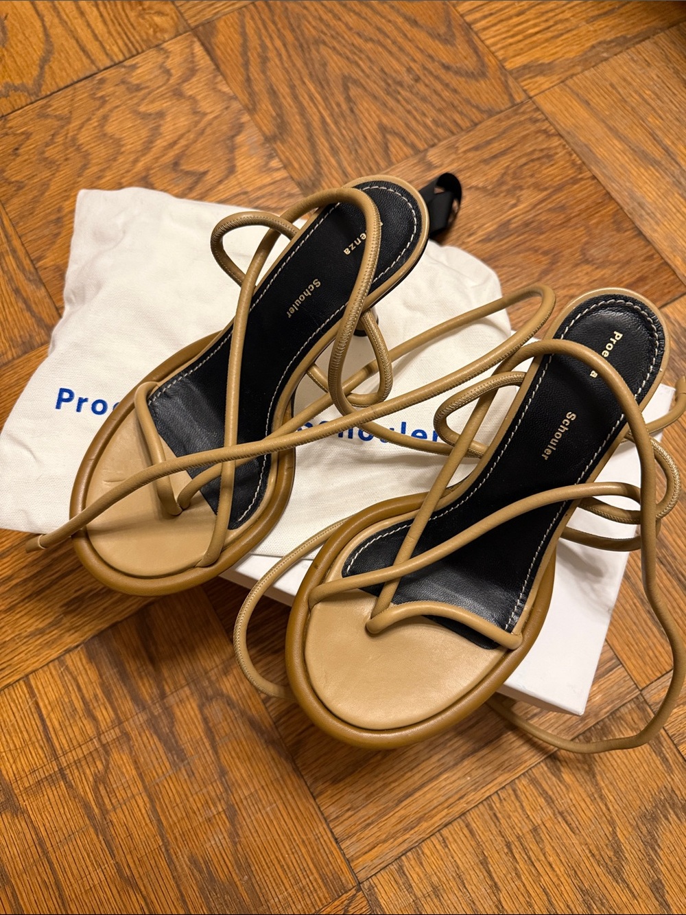 Proenza Schouler Size 39 Tan & Black Lace Up Thong Heel Sandals w/ Box